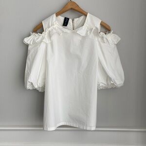 Maryley White Cotton Ruffle Cold Shoulder Top Puffy Sleeve Italy M/44